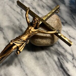 Vintage Crucifix metal brass? Cross-Jesus 10 inch wall hanging